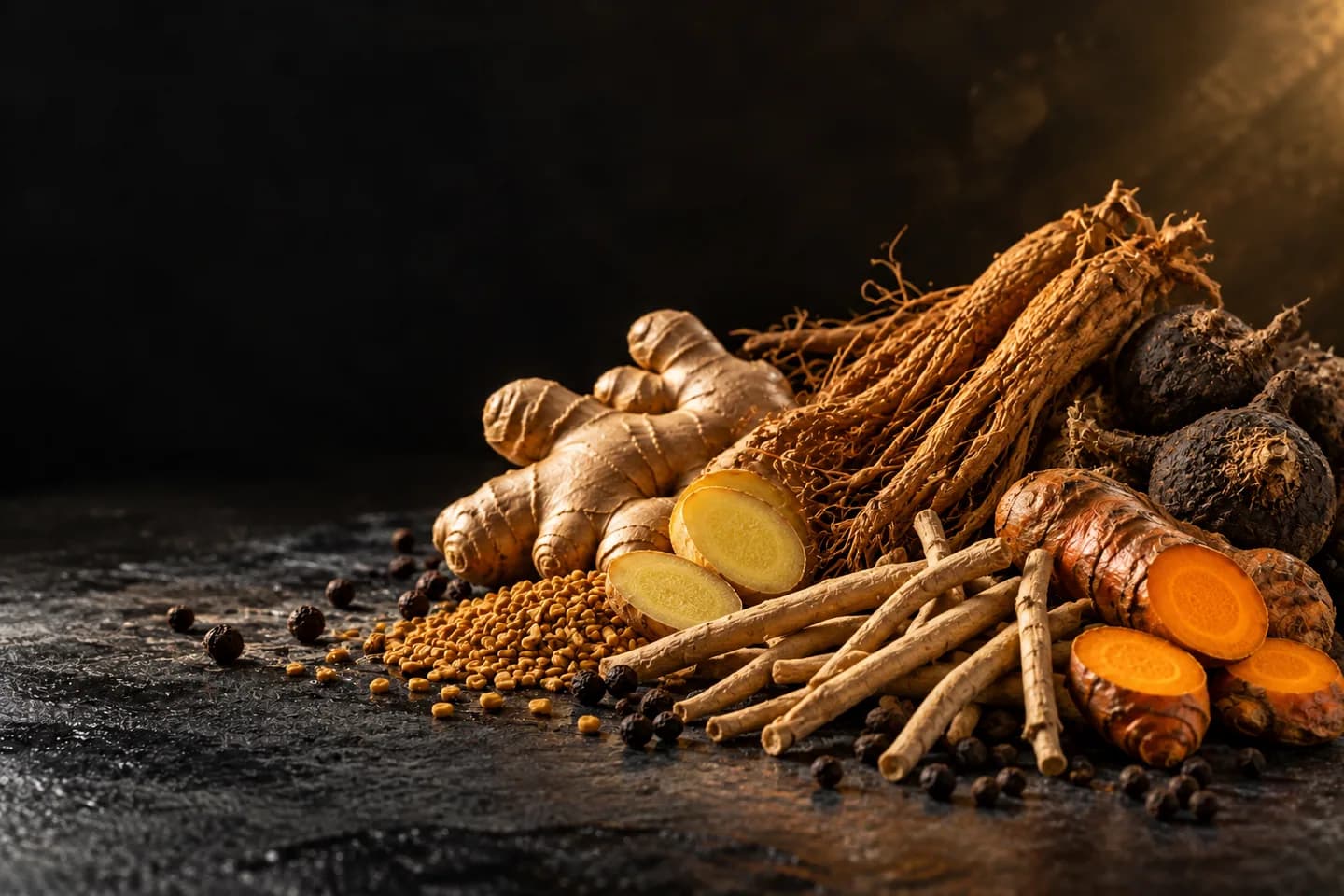 Racines, rhizomes et graines disposés sur une pierre sombre